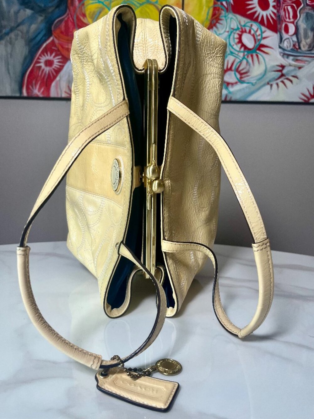 Coach Signature Stitched Pale Yellow Patent Leather Kisslock Carryall F19215 - Picture 7 of 16